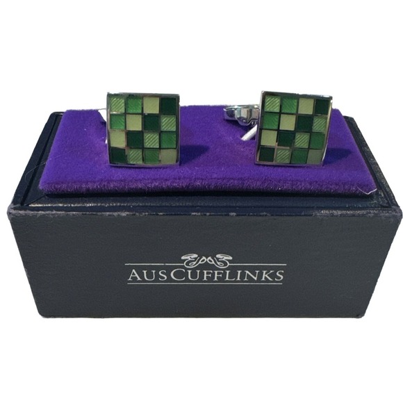 Aus Cufflinks Jade Coral‎ Green Cufflinks Square Pattern W/ Box Fast Shipping - Picture 1 of 4